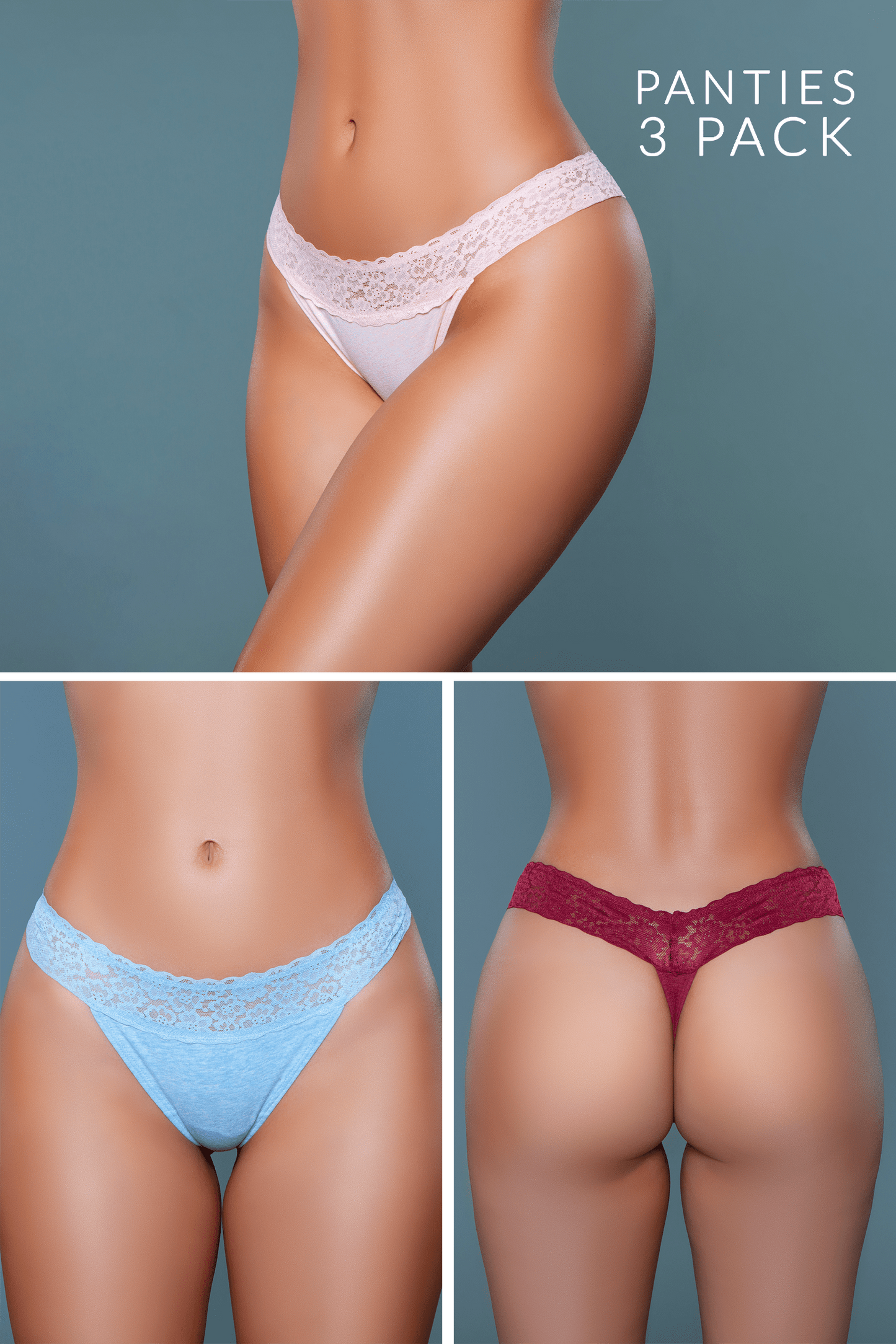 Be Wicked Asher Thong 3-Pack - Peach, Blue, Burgundy Asst. Sizes Available