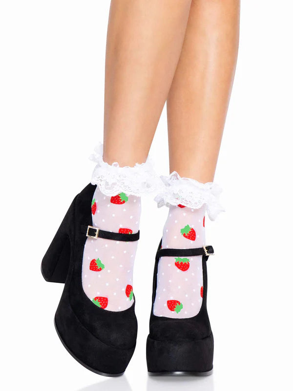 Leg Avenue Strawberry Ruffle Anklet Socks - White