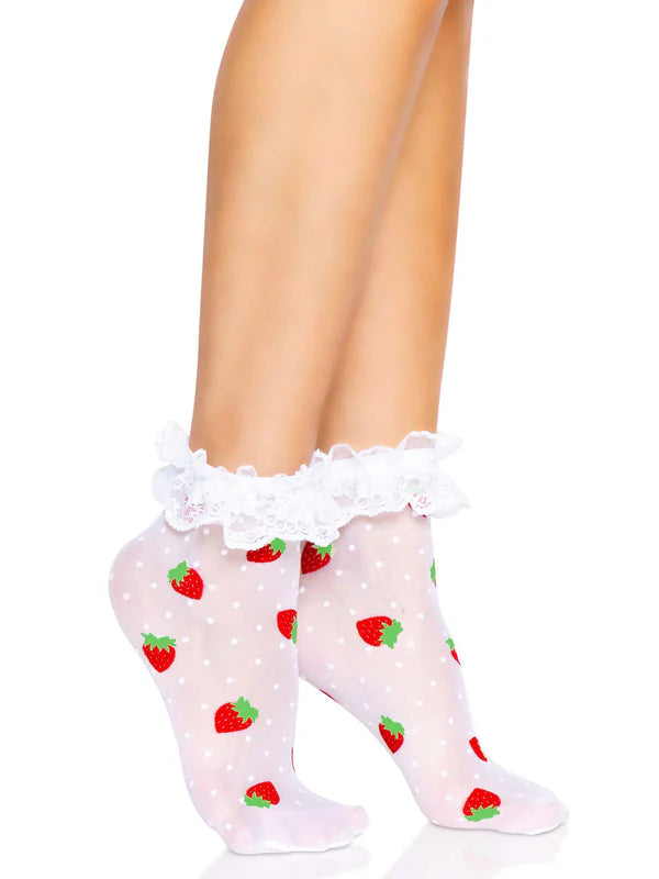 Leg Avenue Strawberry Ruffle Anklet Socks - White