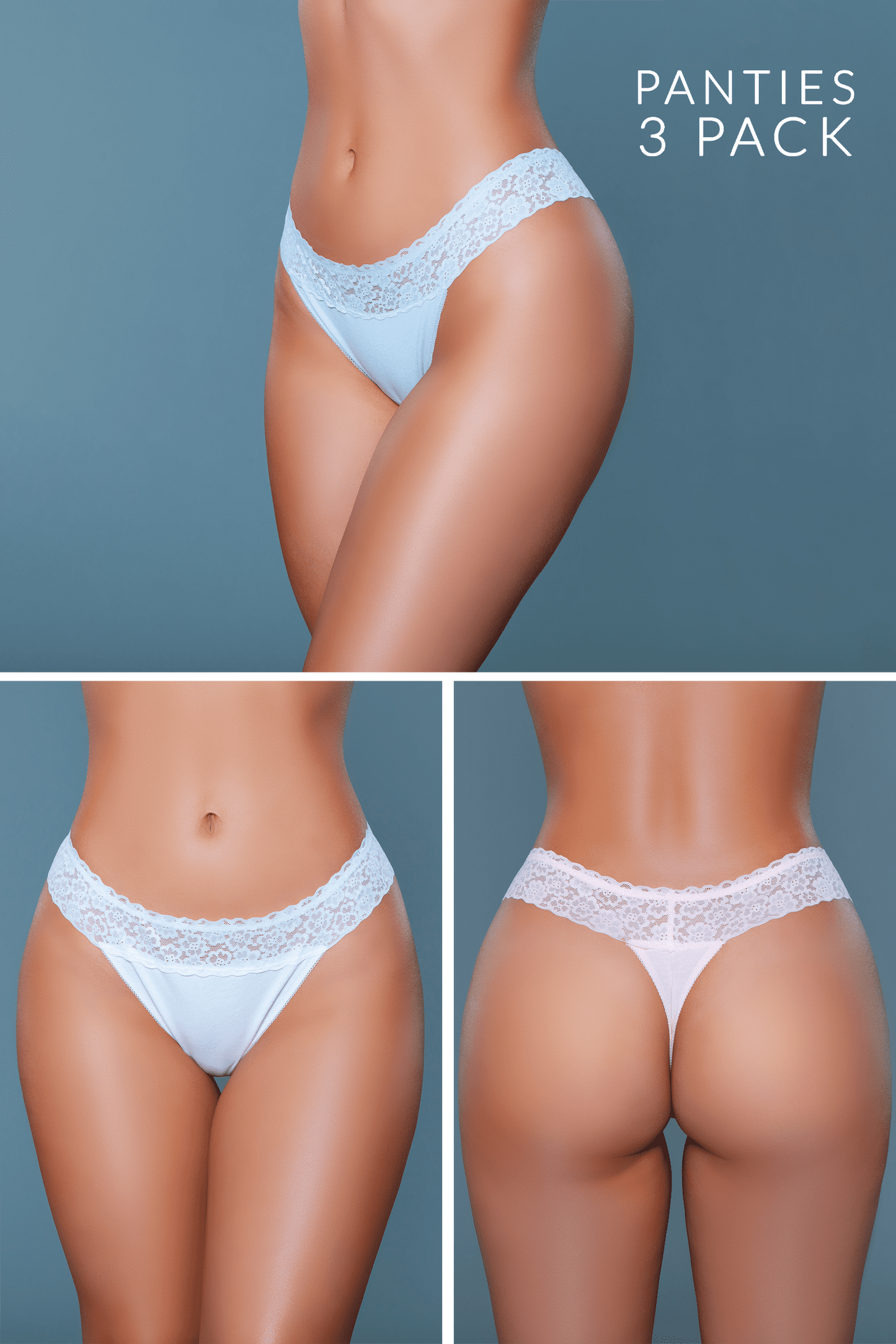 Be Wicked Devon Thong 3-Pack - Peach, Blue, White Asst. Sizes Available