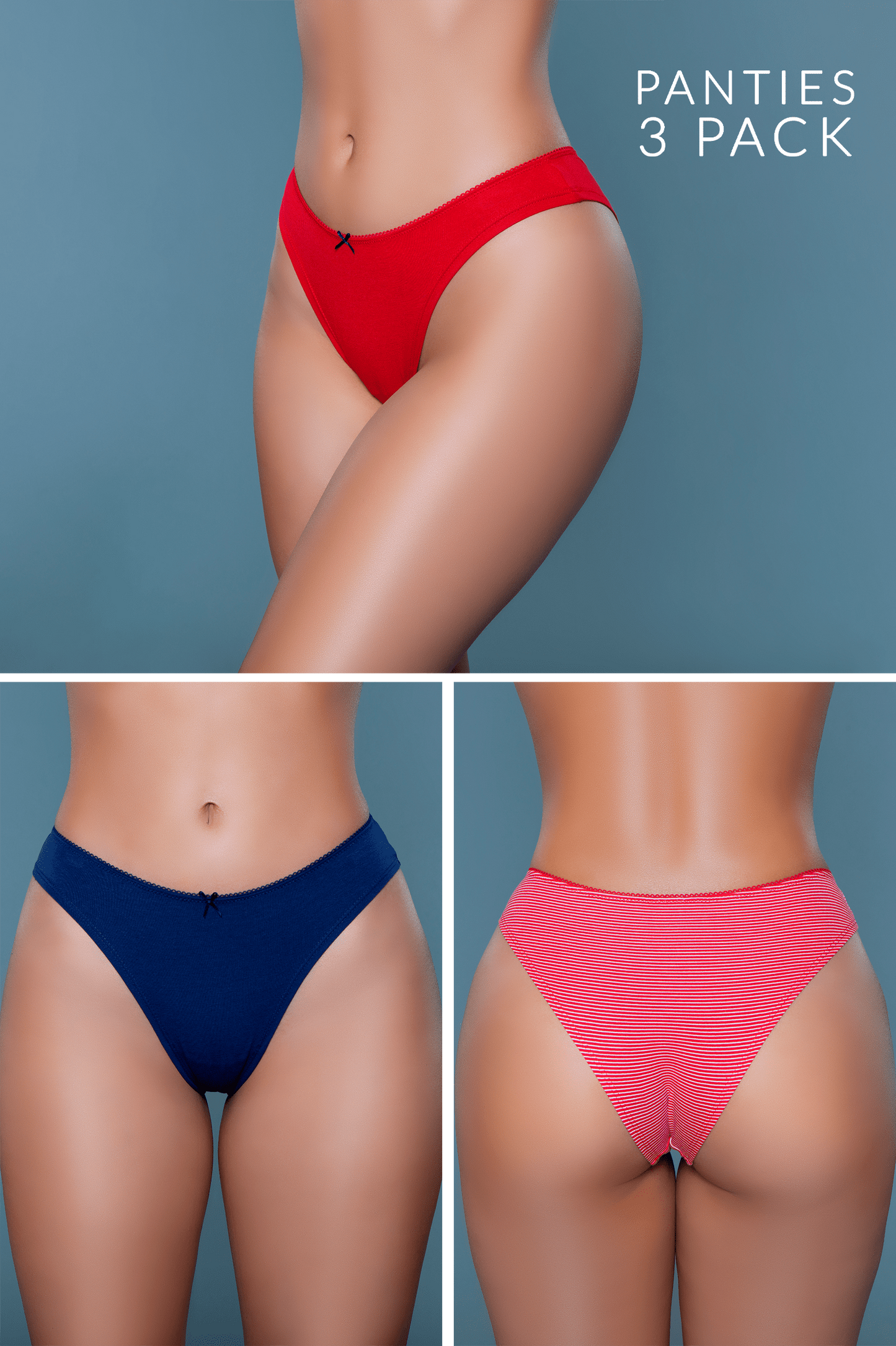 Be Wicked Talia Brief 3-Pack - Blue, Red, White/Red - CLEARANCE