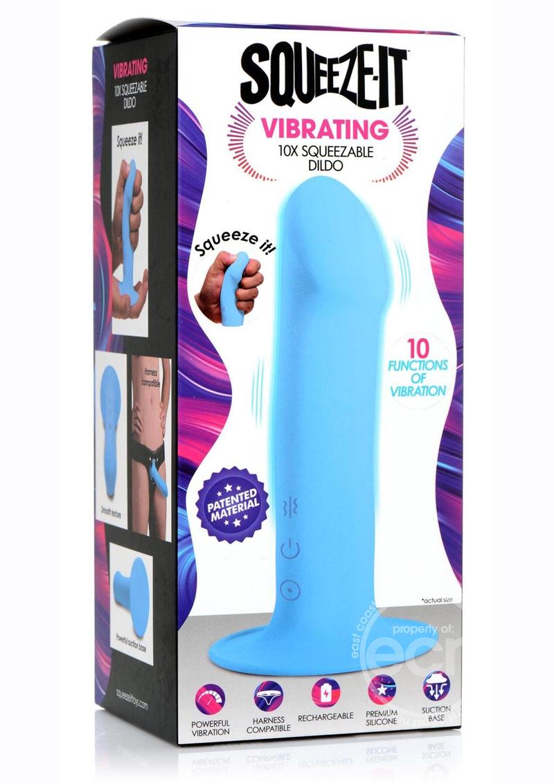 XR Brands Squeeze-It Vibrating Rechargeable Silicone Dildo - Pick Your Color