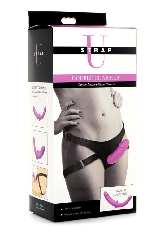 XR Brands Strap U Double Charmer Silicone Double Dildo with Harness - Purple