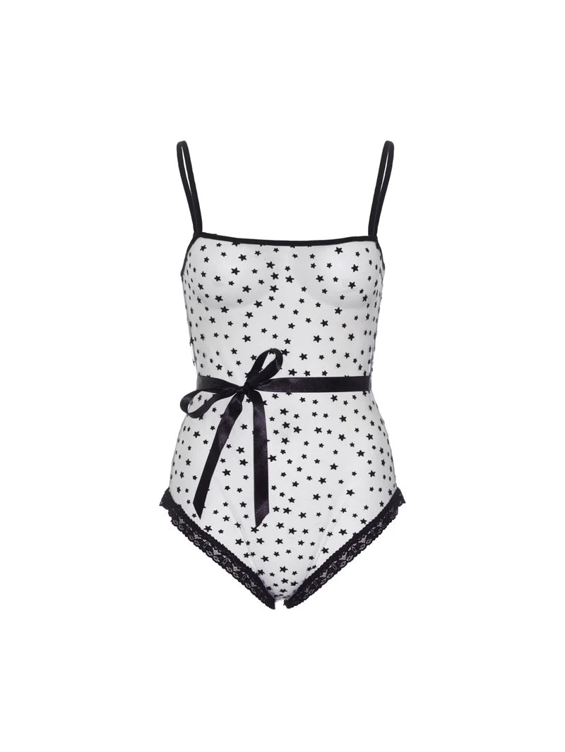 Leg Avenue 2pc Lace Trimmed Sheer Flocked Star Bodysuit w/Ribbon