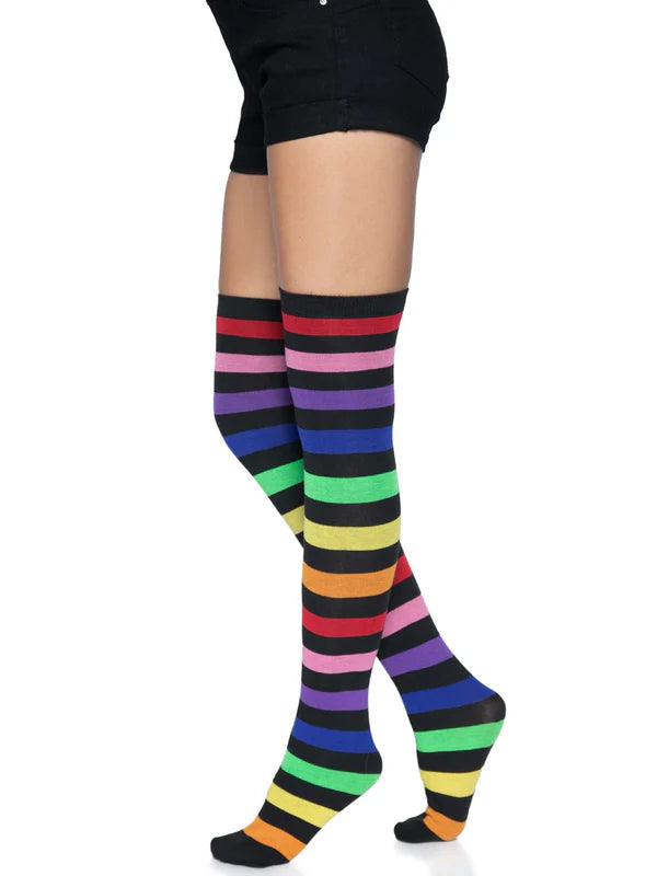Leg Avenue Rainbow & Black Stripe Thigh High Socks
