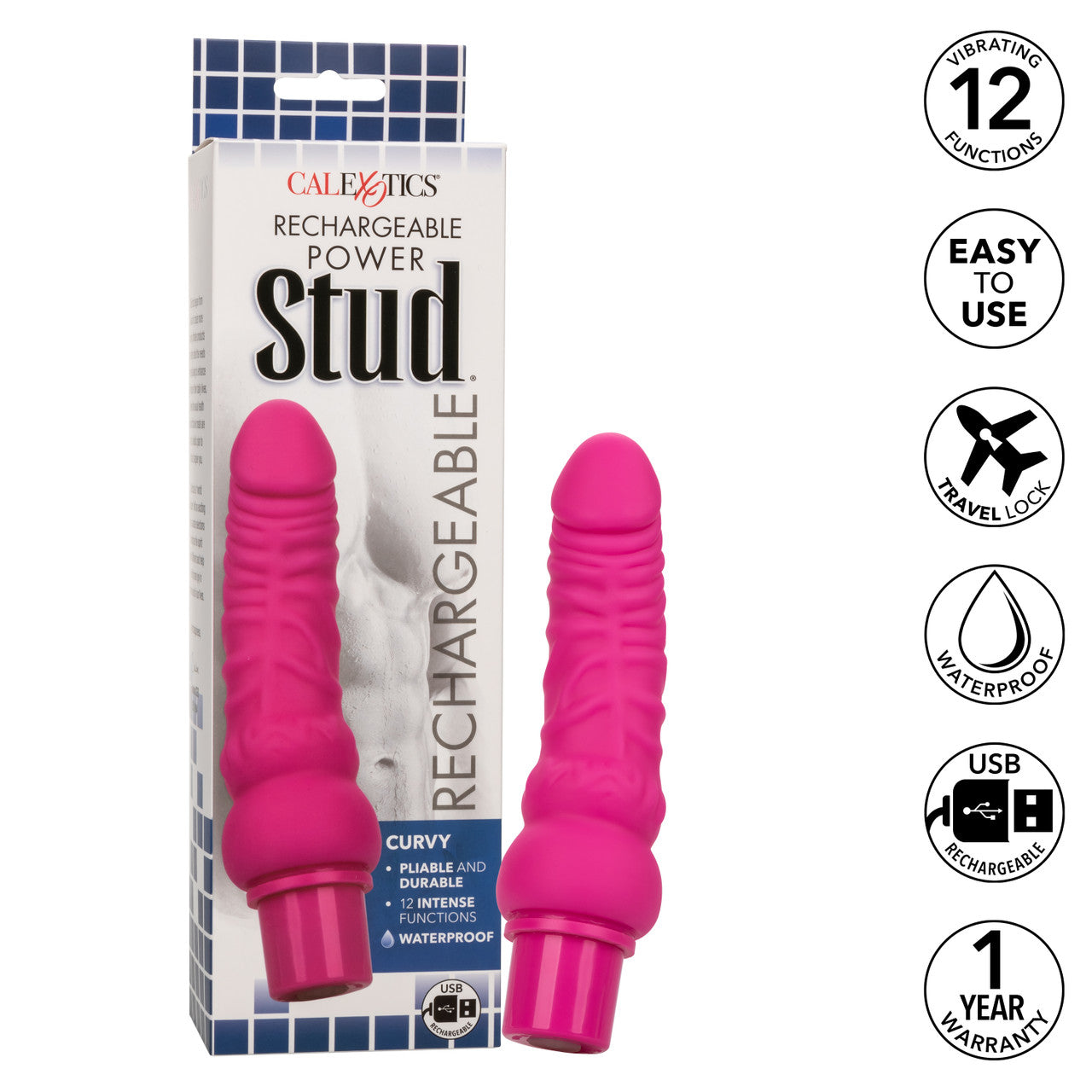 CalExotics Power Stud Curvy Rechargeable Silicone Dong - Pink