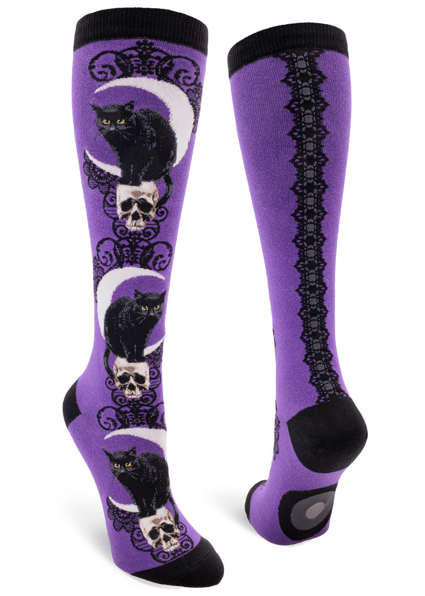 Mod Socks Black Cat Moon Knee High Socks - Purple