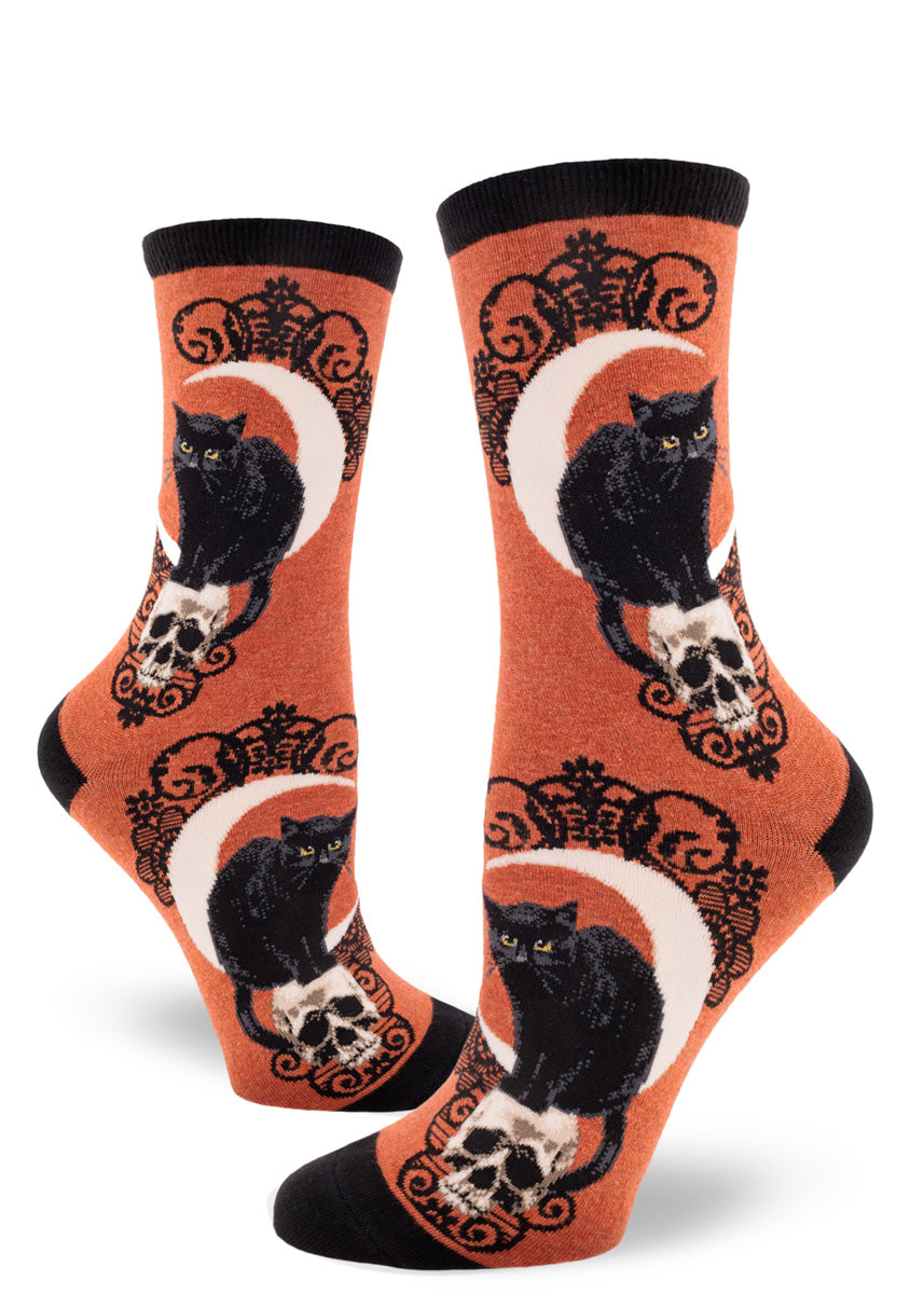 Mod Socks Black Cat Moon Women's Crew Socks - Heather Sienna