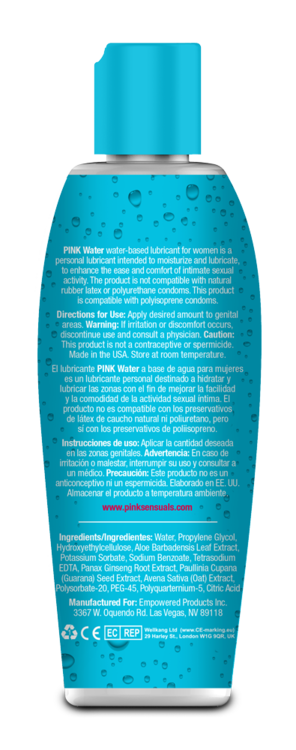 Pink Sensuals Pink Water Water-Based Lubricant Asst. Sizes Available