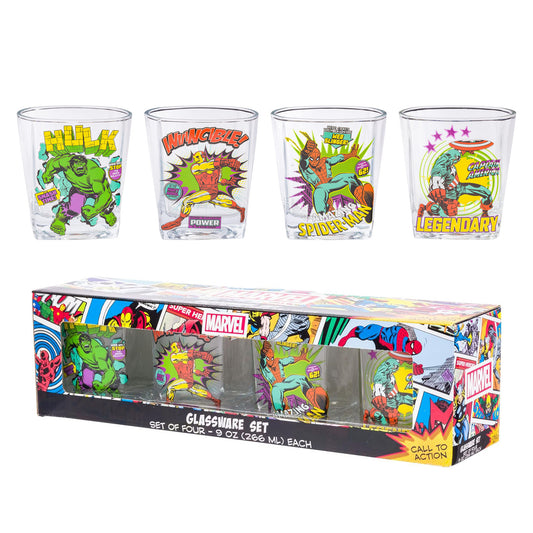 Marvel Comics Super Heroes Action Poses 4pc. 9oz. Rocks Glass Set