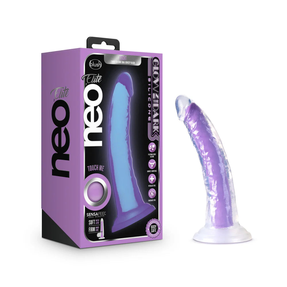 Blush Novelties Neo Elite Glow In The Dark Silicone Dual Density Dildo 7" - Neon Purple