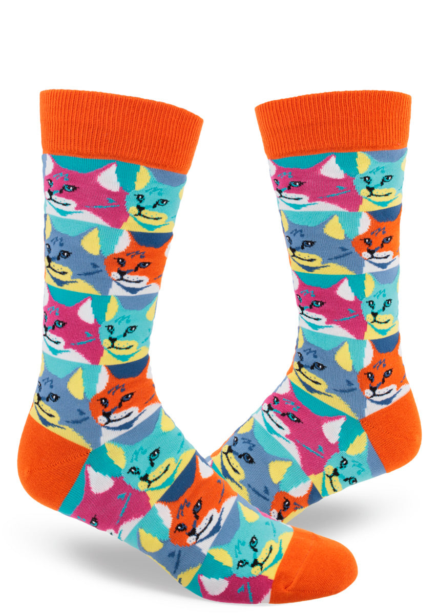 Mod Socks Pop Art Cat Men's Crew Socks - Orange
