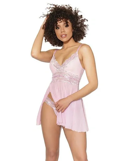 Crystal Pink Babydoll w/Lightly Padded Cups & Thong Pink/Silver - Asst. Sizes